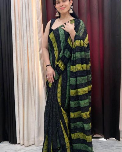 Black and green sequin saree